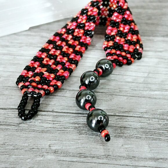 Hematite Gemstone Beaded Checker Bracelet, Adjustable Seed Bead Bracelet - Picture 9 of 11